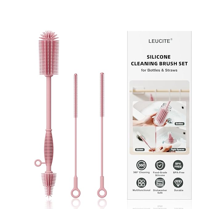 Silicone Cleaning Brush Kit,Water Bottle and Straw Cleaner Brush Set for Tumbler,Baby Bottle,Breast Pump Part,Nipple,Sippy Cup,Glass,Dishwasher Safe,BPA Free,3 Pcs by Leucite