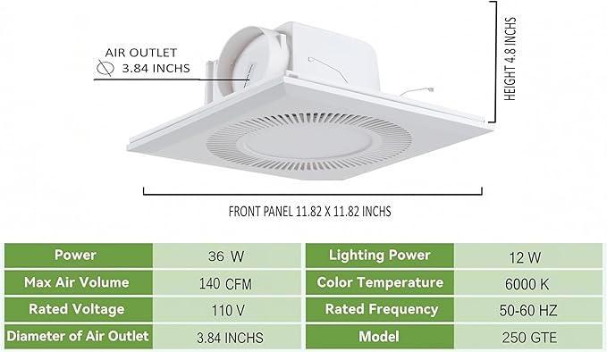 Ventilation Fan with LED Light Quiet square Bathroom Exhaust Fan with Light for Home Bath Hotel 140 CFM with LED Light 6000K 1.0 Sones Easy install 4-inch - Image 3