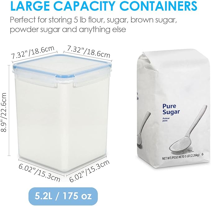Vtopmart Large Food Storage Containers 5.2L / 175oz, 4 Pieces BPA Free Plastic Airtight Canisters for Flour, Sugar, Baking Supplies, Rice with Lids, 4 Measuring Cups and 24 Labels, Blue - Image 2