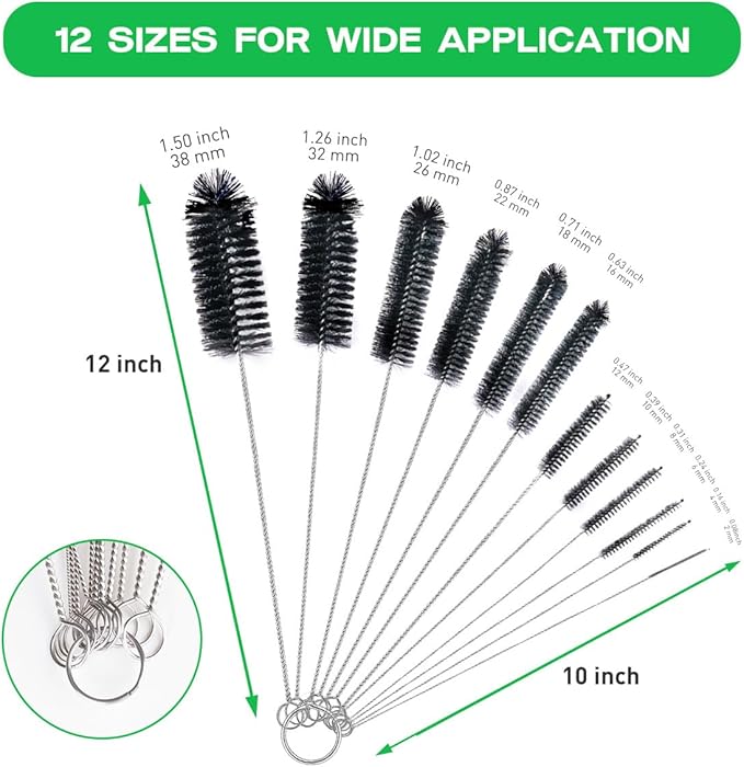 Straw Cleaner Brush Set,12 Pieces Extra Long Pipe Water Bottle Brushes for Cleaning Reusable Drinking Straws,Bird Feeders,Pipes,Black (12pcs Different diameters Set) - Image 2