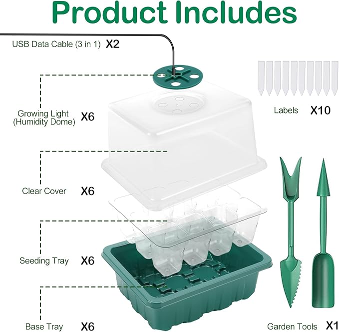 Seed Starter Tray with Light, 6PCS Seed Starter Kit with Grow Light, Seedling Starter Trays with Humidity Domes, Covers Height 3.9", Indoor Gardening Plant Germination Trays (12 Cells per Tray) - Image 4