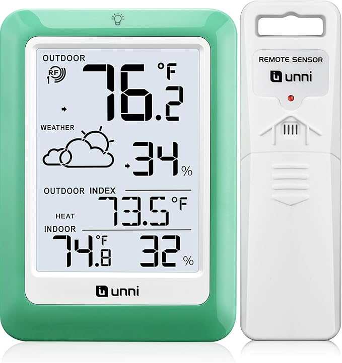 Indoor Outdoor Thermometer Wireless, Temperature Humidity Monitor Battery Powered Inside Outside Thermometers with 330ft Range Remote Sensor(Green) by UUNNI