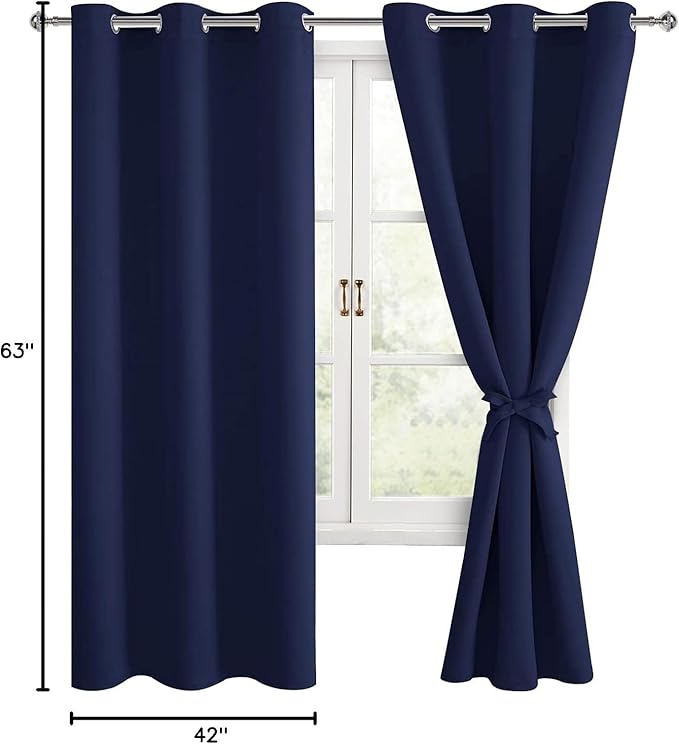 Hiasan Blackout Curtains for Bedroom, Thermal Insulated, Light Blocking, Noise Reducing Window Curtain Panels, Tiebacks Included, Set of 2, Grommet Top (Navy Blue, Width 42 Inch x Length 63 Inch) - Image 7