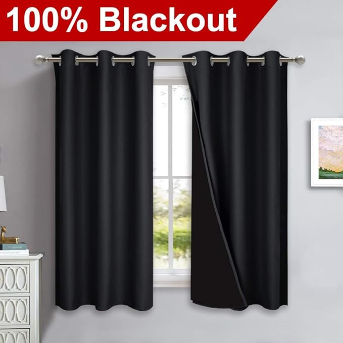 NICETOWN Complete 100% Blackout Curtain Set, Thermal Insulated & Energy Efficiency Window Draperies with Black Liner, Noise Reducing Short Curtains for Kids Room (Black, 42"W by 63"L, Double Panels) - Image 2