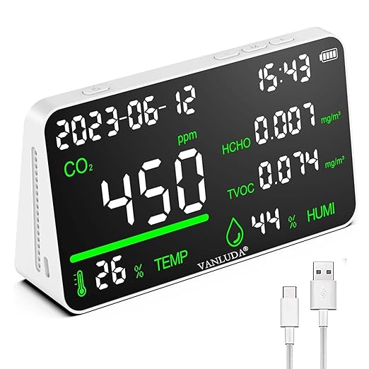 7-in-1 Indoor Air Quality Monitor,Desktop CO2/TVOC/HCHO Detector with Temperature,Humidity,Time & Date Display,High Accuracy,Ideal for Wildfire Monotoring,Home,Office,and School Use by VANLUDAMETER