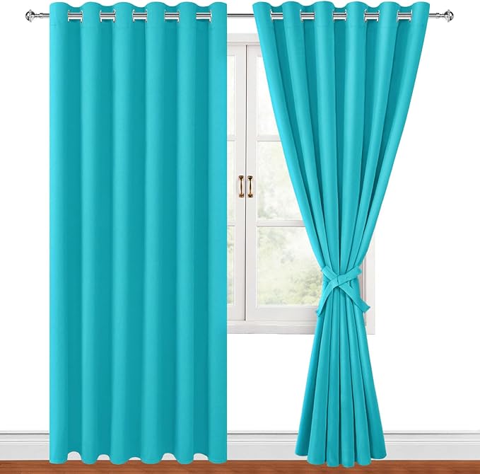 Hiasan Grommet Blackout Curtains for Bedroom, 70 x 84 Inches - Thermal Insulated & Light Blocking Window Drapes for Living Room/Dorm Room, Set of 2 Panels Sewn with Tiebacks, Turquoise by Hiasan