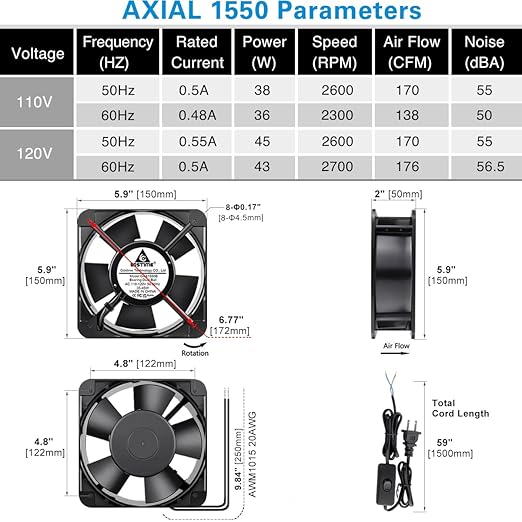 GDSTIME AXIAL Fan 15050, 110V 120V AC 150mm x 150mm x 50mm Fan, Ventilation Exhaust Projects Cooling Fan - Image 6