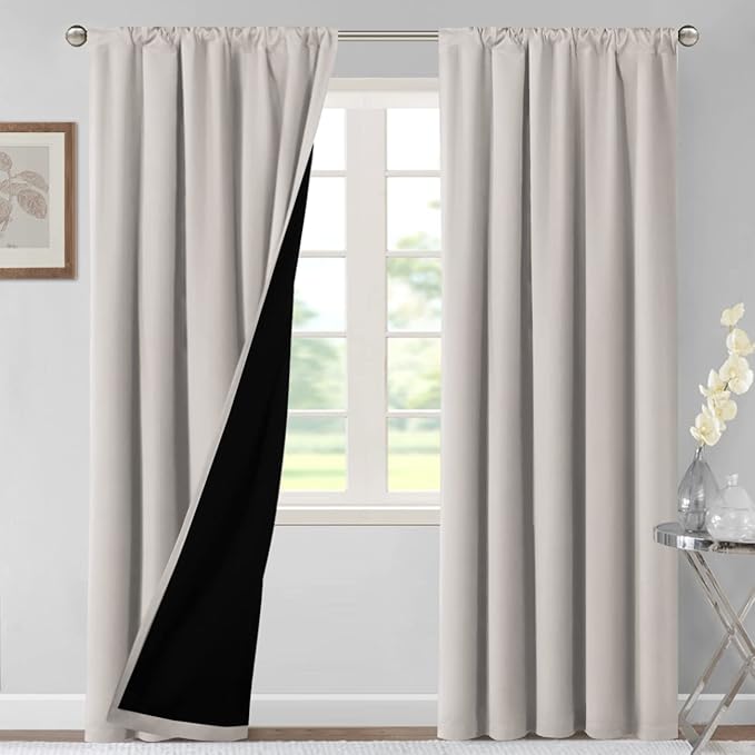 H.VERSAILTEX 100% Blackout Curtains for Bedroom Thermal Insulated Blackout Curtains 96 Inches Long Rod Pocket/Clip Rings Curtains for Living Room with Black Liner 2 Panels, Pumice Stone - Image 2