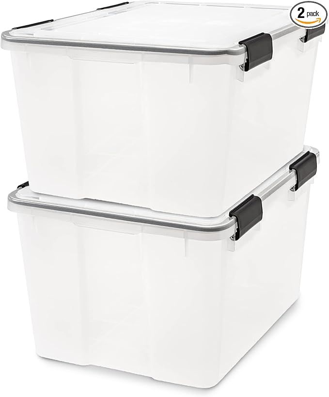IRIS USA WeatherPro 47 Qt Storage Bins with Lids, 2 Pack, BPA-Free Plastic Gasket Box with Tight Latch and Seal, Stackable Nestable Tote Tub - Clear/Black by IRISUSA