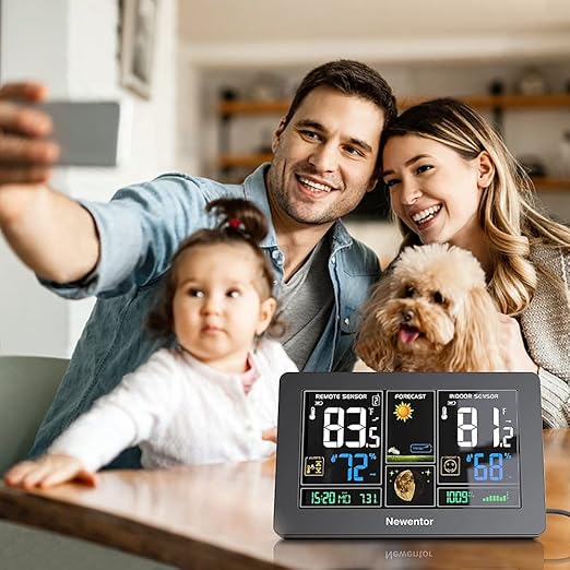 Newentor Weather Station Wireless Indoor Outdoor Thermometer, Color Display Digital Weather Thermometer with Atomic Clock, Barometric Pressure, Forecast Station with Adjustable Backlight, Black - Image 2