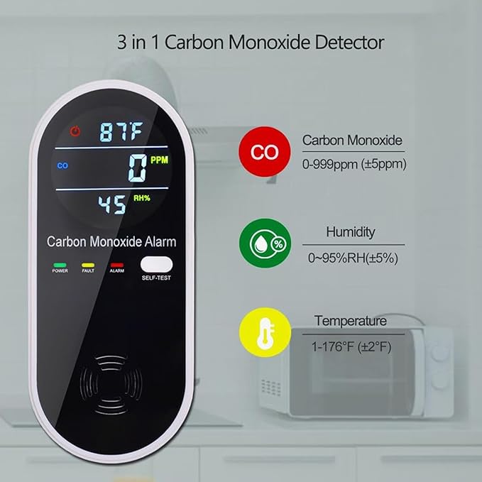 3-in-1 Carbon Monoxide Detector, Carbon Monoxide Detector Plug in Wall with Temperature & Humidity Display, CO Alarm Monitor with Color LCD Display, Accurate & Easy to Install - Image 6