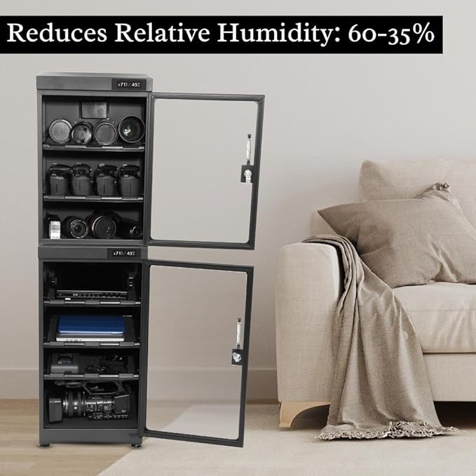 180LT Electronic Dry Cabinet for Camera, Lens & Electronics – Silent Dehumidifying Storage, Touchscreen, Dual Zone Humidity Control (60-35% RH), 5 Adjustable Shelves, LED Light, Lock - Image 6
