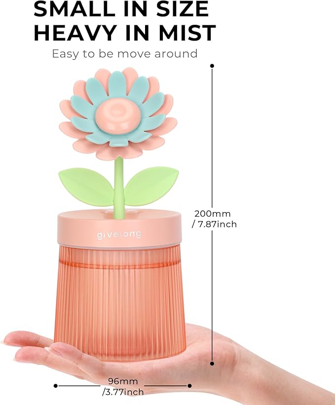Sunflower Small Humidifier for Plant, Cool Mist Mini Humidifiers for Bedroom, Desk Personal Humidifiers with Diffuser for Indoor Office Car, Portable Humidifier for Travel - Pink 260ml - Image 4