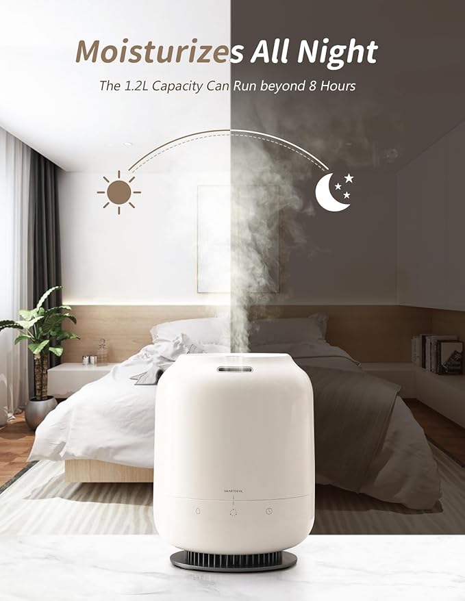 SmartDevil 1.2L Cool Mist Humidifier, Top Fill Ultrasonic Smart Air Humidifier with Essential Oils, Timing, Auto Shut Off for Home Babies Plants - Image 6