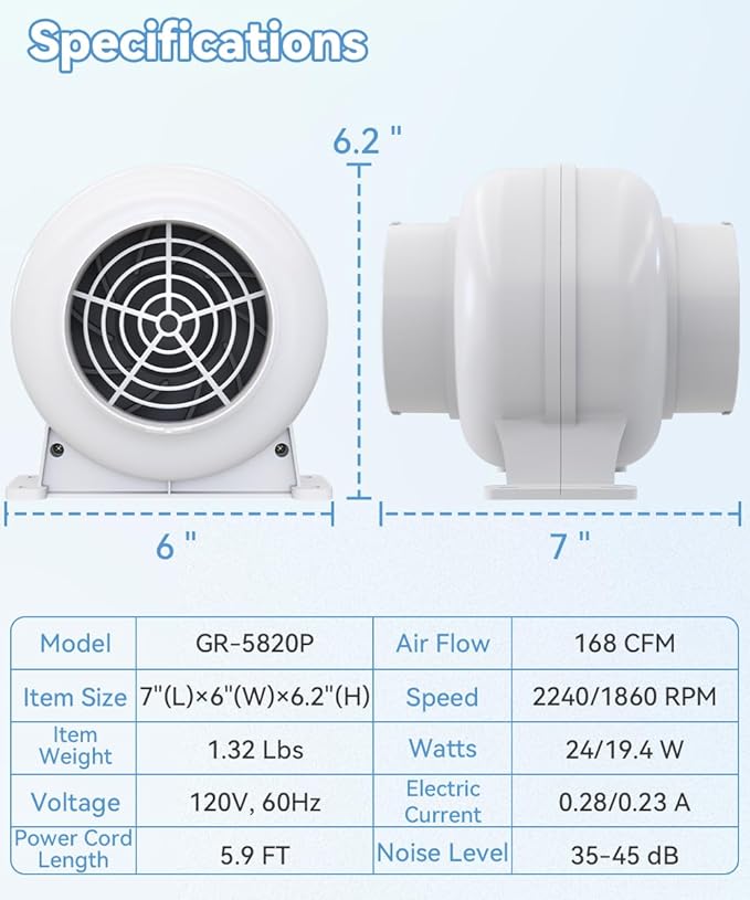 Artibear 3.5 Inch 168 CFM Inline Duct Ventilation Fan with 2 Speed Controller, Air Vent Blower for Hydroponic Grow Tent, Greenhouse, Workshop, Attics, Basement, Kitchens, White - Image 6