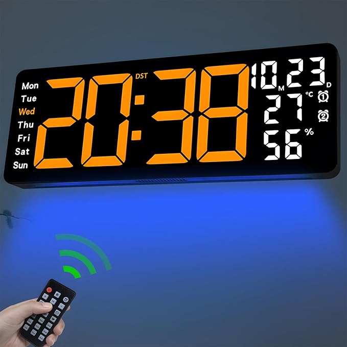 JoFomp 17.3" Large Digital Wall Clock, LED Digital Clock Large Display with Remote Control, Alarm Clock with Temp/DST/Dimmer/Humidity/Timer/Ambient Light - 12/24H, Alarm Wall Clock for Bedroom by JoFomp