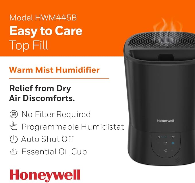 Honeywell Easy-to-Care Filter Free Warm Mist Humidifier, Medium Rooms, 1.5 Gallon Tank – Humidistat for Bedroom, Home or Office Black - Image 2