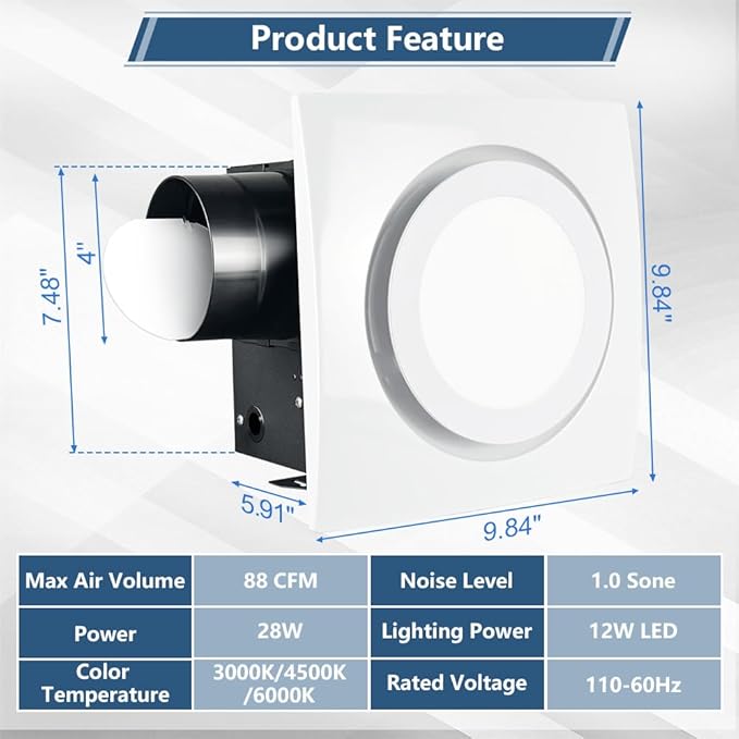 Bathroom Exhaust Fan with Light 88CFM 1.0 Sone, Quiet 28W Bath Shower Fan 3CCT Color LED Light Adjustable 8 x 8 inch Extractor Vent for Bathroom White - Image 4