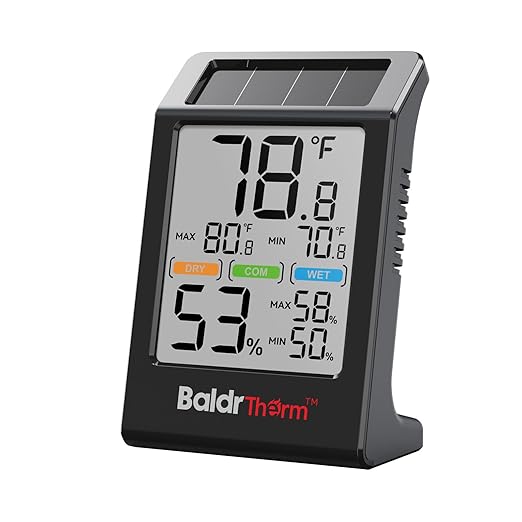 BaldrTherm Room Thermometer Indoor Humidity Meter Solar Powered with Max/Min Memory & Comfort Indicator - 3.2" Large Display for Home, Black, 1Pack by BaldrTherm