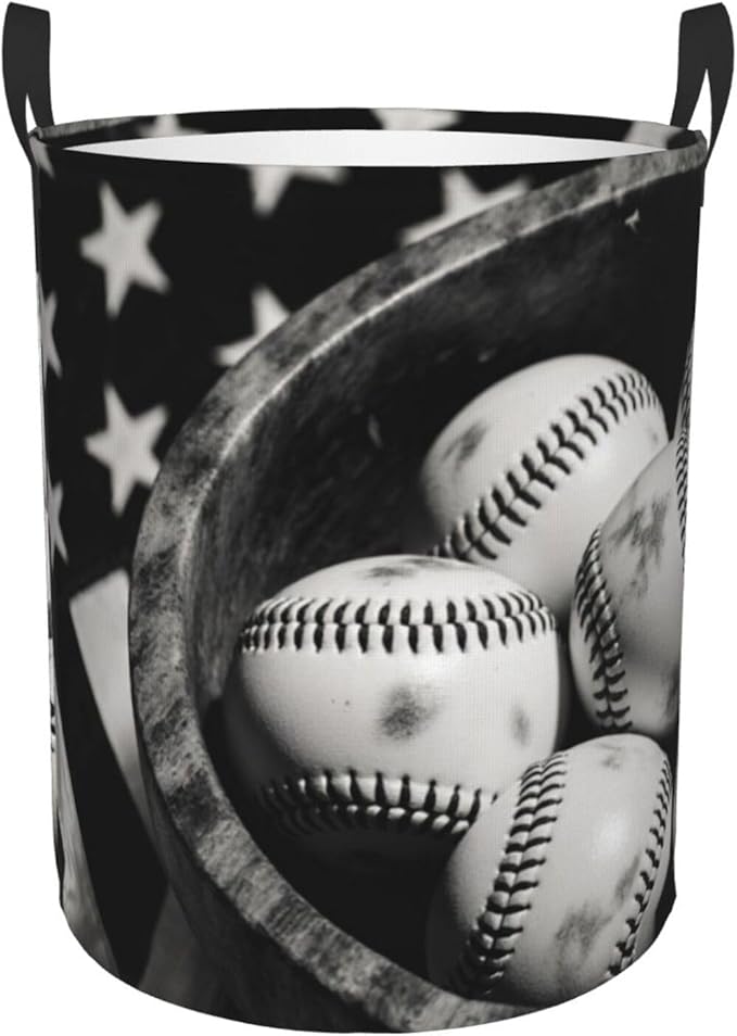 Vintage Baseballs Retro Flag Display Design Round Laundry Hamper Bag - Water-Resistant Oxford Fabric, Handles Small - Image 2