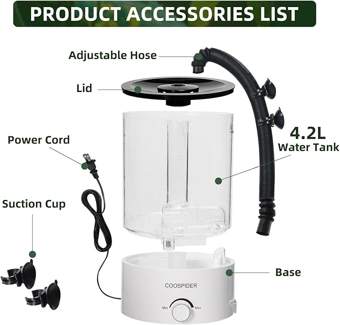 Coospider 4.2L Top Fill Reptile Humidifier, Fogger Mister for Reptiles Tank, Terrariums Humidifiers with Extended Hose/Tube, Reptile Misting System for Reptiles Amphibians Herps Vivarium - Image 8