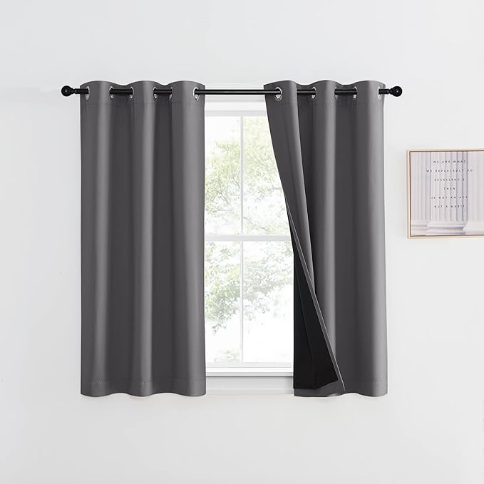 NICETOWN 100% Blackout Curtain with Black Liner, Thermal Insulated Full Blackout 2-Layer Lined Curtain, Energy Efficiency Window Drapery for Dining Room (Grey, 1 Panel, 42-inch W by 45-inch L) by NICETOWN