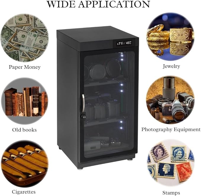 50LT Electronic Dry Cabinet for Camera, Lens & Electronics – Silent Dehumidifying Storage, Touchscreen Humidity Control (60‑35% RH), 2 Adjustable Shelves, LED Light, Lock, Energy Saving - Image 8