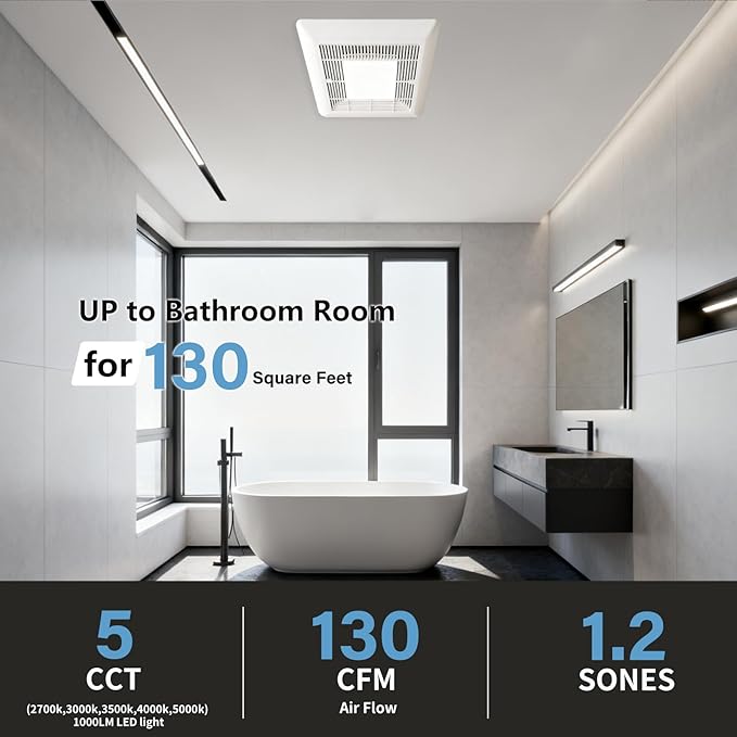 Tech Drive Bathroom Exhaust Fan with Light-130 CFM, 1000lm Dimmable 5CCT LED Light and Night Light Selectable, 6-Inch Duct Super Quiet Ventilation Fan,Easy to Install Ceiling Mounted - Image 4