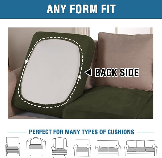 H.VERSAILTEX Velvet Stretch Couch Cushion Cover Plush Cushion Slipcover for Chair Loveseat Sofa Cushion Furniture Protector Seat Cushion Sofa Cover (3 Piece XL Sofa Cushion Covers, Olive) - Image 5