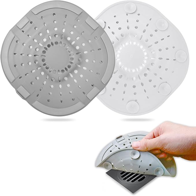 Hair Drain Catcher,Square Drain Cover for Shower Silicone Hair Stopper with Suction Cup,Easy to Install Suit for Bathroom,Bathtub,Kitchen 2 Pack (Light White Grey) by Bovinde