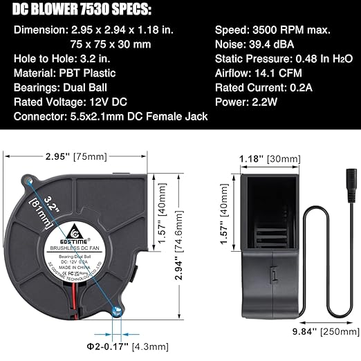 GDSTIME 75mm x 30mm Blower Fan 12V with Variable Speed Controller 110V to 240V AC Powered for 3D Printer Cooling - Image 5