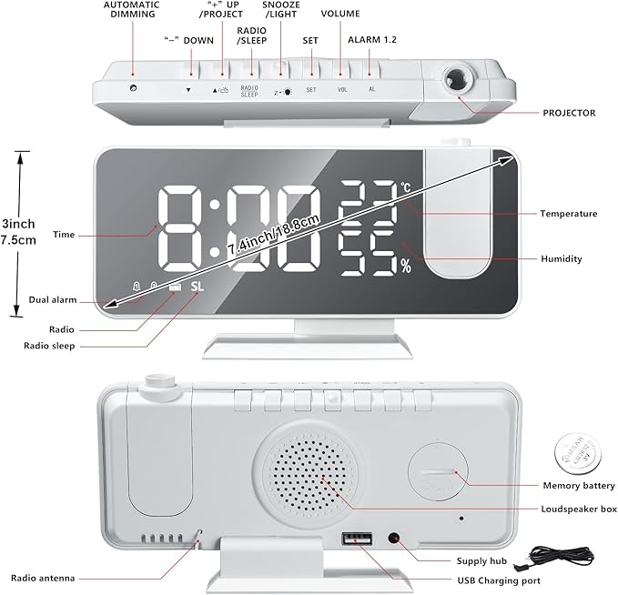Projection Digital Alarm Clock for Bedrooms, Clock Radio on Ceiling, USB Charger Port, Temperature & Humidity Display, 7.3” Large Mirror LED Display,12/24H,Snooze,Dual Loud Alarm Clock- 4 Dimmer - Image 6