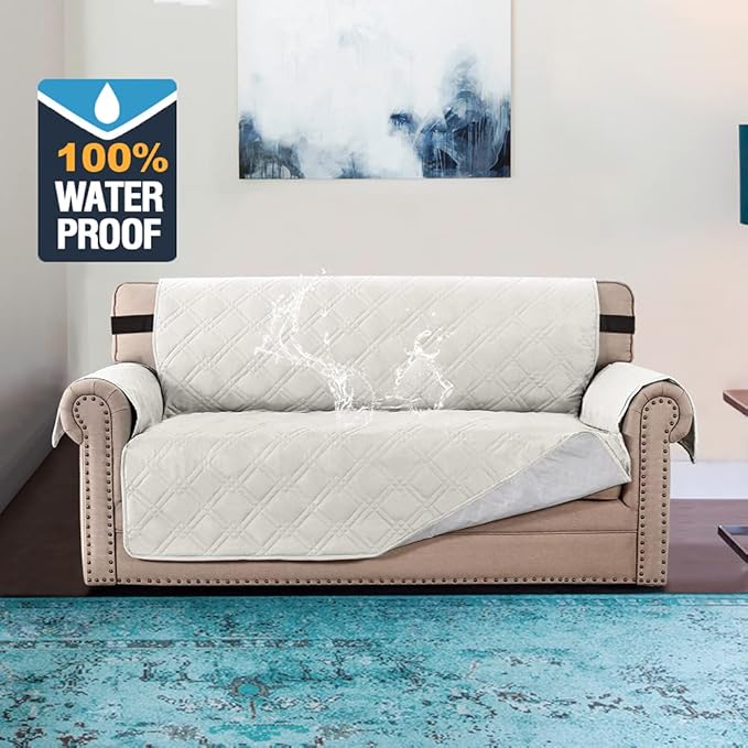 H.VERSAILTEX 100% Waterproof Sofa Slipcover Washable Loveseat Cover for 2 Cushion Cover Non-Slip Furniture Protector with Silicone Backing Couch Cover for Pets (Oversized Loveseat, Off White) - Image 2