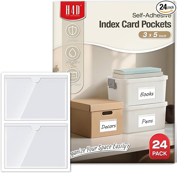 H4D 24 Pack Labels for Storage Bins, 3" x 5" Plastic Clear Adhesive Index Card Holders, Tote Label Pockets for Organizing Storage, Library Card, Shelves by H4D