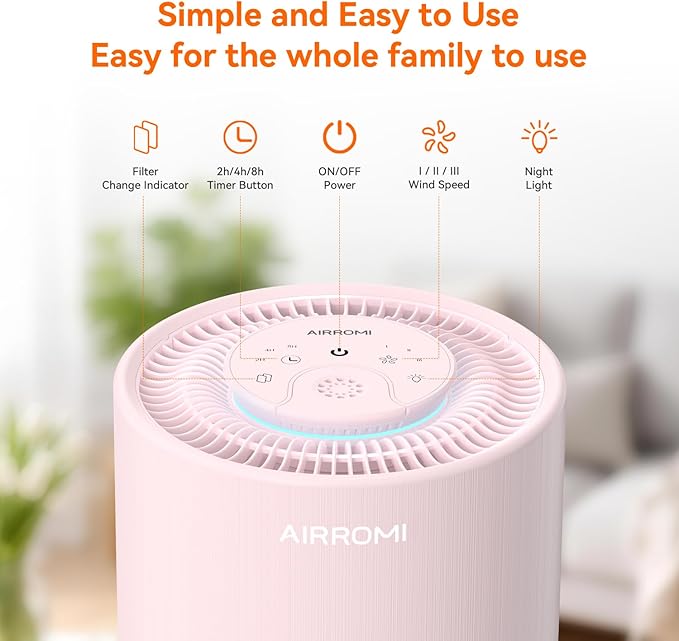 AIRROMI Air Purifier for Bedroom with HEPA 3-in-1 Filter, Pet Air Purifier for Home Cat Pee Smell, Covers Upto 990 Ft², Quiet 360° intake Air Cleaner for pet hair,allergies,Dust,Smoke A2001 Pink - Image 3