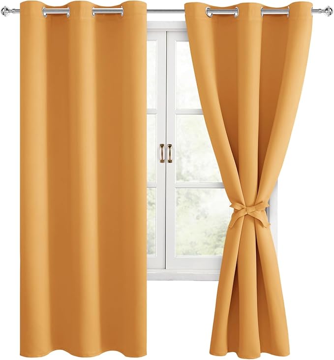 Hiasan Blackout Curtains for Bedroom, 42 x 63 Inches Length - Thermal Insulated & Noise reducing Window Curtains for Living Room, 2 Drape Panels Sewn with Tiebacks, Pumpkin Orange by Hiasan