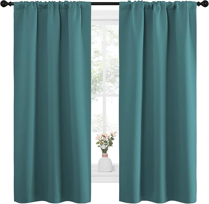 NICETOWN Bedroom Curtains, Three Pass Microfiber Noise Reducing Thermal Insulated Solid Rod Pocket Blackout Window Curtains for Kids Room (Sea Teal, 2 Panels, 34-inch x 63-inch) - Image 2