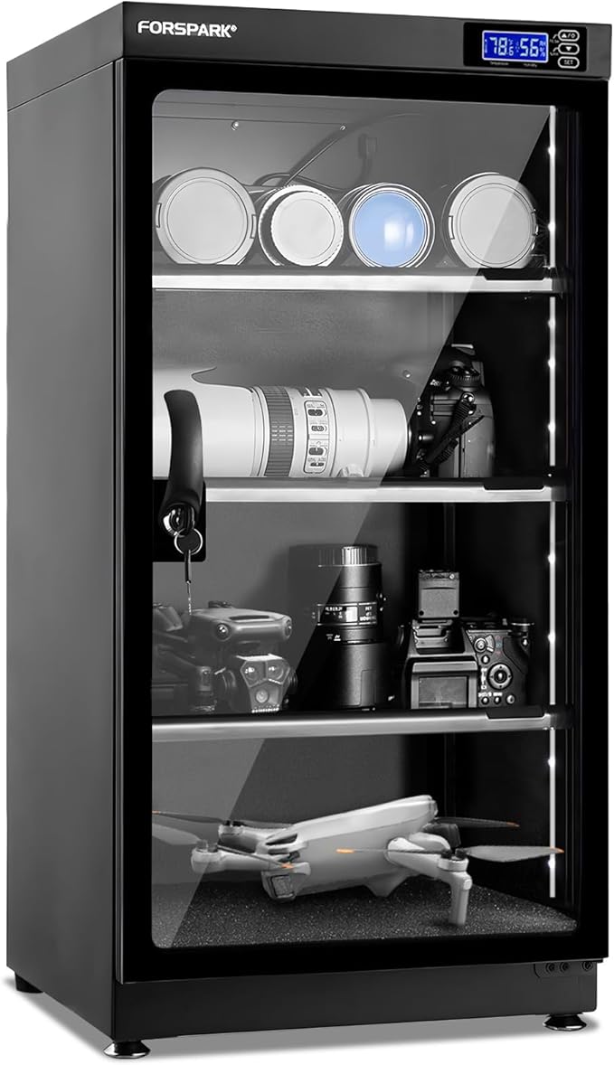 FORSPARK 100L Large Camera Dehumidifier Dry Cabinet, Quiet Humidity Control Storage with Lock & 3 Adjustable Shelves for DSLR, Lenses, Drones, Electronics - 8W Energy Efficient, Black by forspark