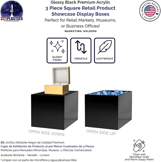 Acrylic Display Riser Boxes 3 Piece Black No Lid Retail Product Riser with Hollow Bottom 4", 5", 6" High Nesting Bins One Open Side Merchandise Storage Box by Marketing Holders - Image 4
