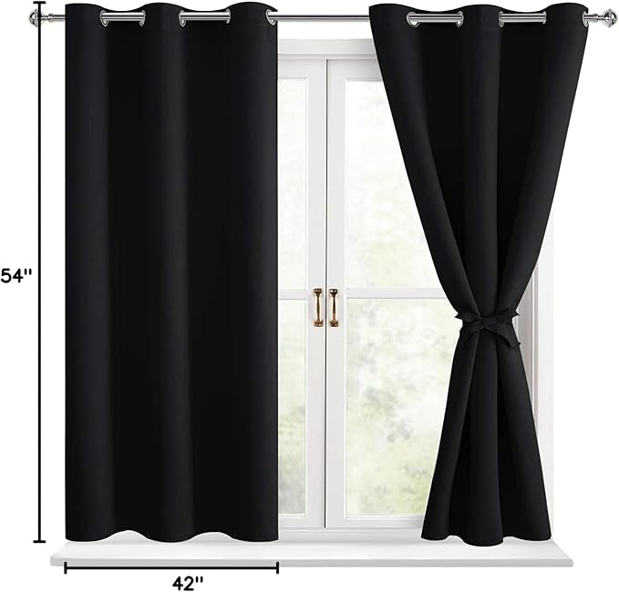 Hiasan Blackout Curtains for Bedroom - Light Blocking & Noise Reducing Window Curtains for Living Room, 2 Drape Panels Sewn with Tiebacks, Black, 42 x 54 Inch - Image 7