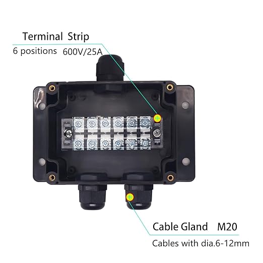 Watertight Junction Box, IP67 Waterproof Electrical Project Box with 6P 25A Barrier Terminals,1 in/2 Out Cable Glands Electronic Enclosure 4.53" x 3.54" x 2.17" - Image 2