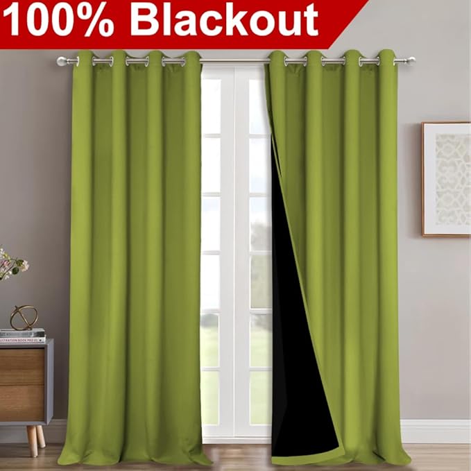 NICETOWN 100% Blackout Curtains for Windows, Pack of 2, Fresh Green, 52" W x 102" L, Super Heavy-Duty Black Lined Total Darkness Drapes for Bedroom, Privacy Assured Window Treatment for Patio - Image 2