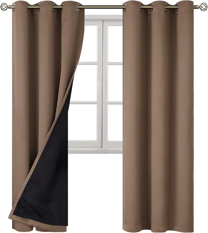 BGment Total Thermal Insulated 100% Blackout Curtains for Bedroom with Black Liner, Double Layer Full Room Darkening Noise Reducing Grommet Curtain (42 x 84 Inch, Taupe, 2 Panels) - Image 8