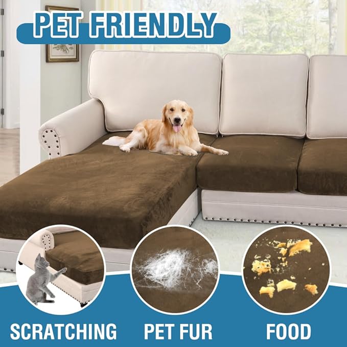 H.VERSAILTEX Velvet Stretch Sectional Couch Covers 4 Pieces Sofa Seat Cushion Covers L Shape Separate Couch Cover for Both Left/Right Sectional Couch (Large Sofa 3 Seater + 1 Chaise, Bronze Brown) - Image 4