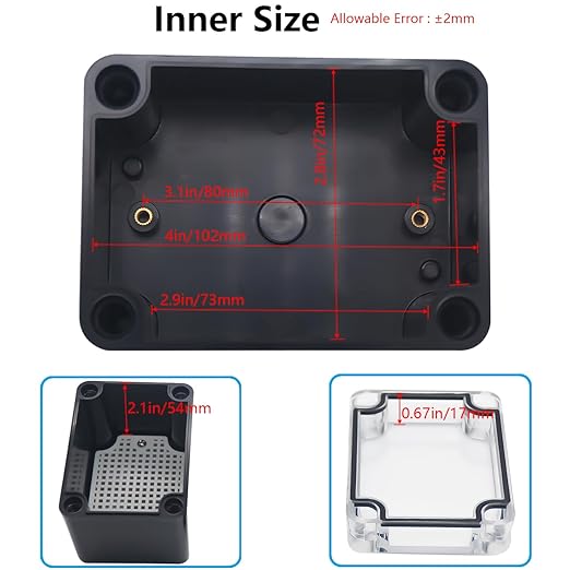 Junction Box,IP67 Waterproof ABS Black Project Box Clear Cover with Mounting Plate Electrical Box Enclosure for Outside Electronics 4.3 x 3.1 x 3.3inch(110x80x85mm) - Image 4