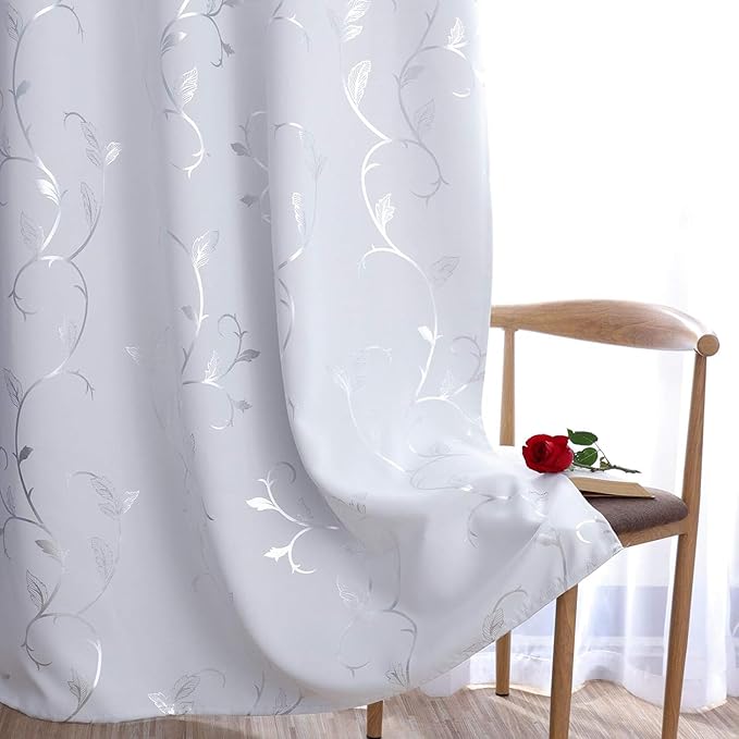 BUHUA Silver Grey Blackout Curtain 2 Panel Set Vine Foil Print Thermal Insulated Drapes Room Darkening Curtains Grommet Window Treatment, 66 x 72 Inch, Greyish White - Image 3