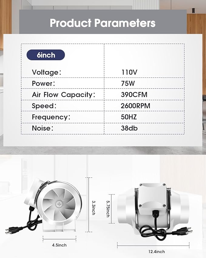 Duct Fan, 6 Inch Inline Fan 390 CFM Duct Fans, Inline Ventilation Exhaust for Basement, Bathroom, Kitchen, Grow Tent, Hydroponics, Offices, Restaurant, Factory or Warehouse - Image 5
