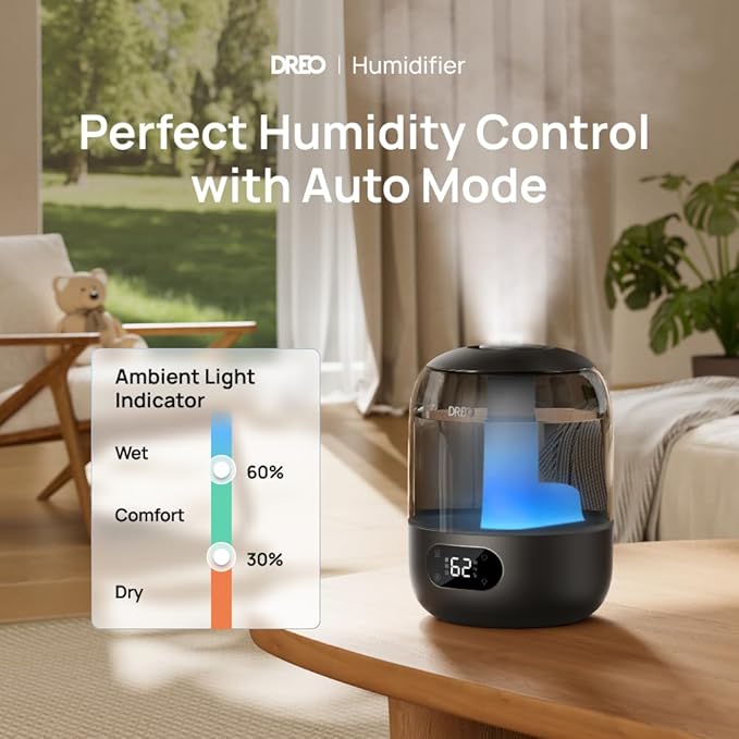 DREO Humidifiers for Bedroom, 3L Top Fill 30H & 26dB Quiet Runtime for Large Room, Cool Mist Ultrasonic Humidifier with Humidity Sensor, Night Light for Home, Baby, Nursery, Plants, 360° Nozzle, Black - Image 2