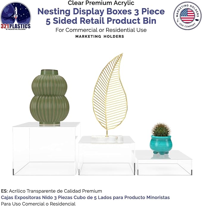 3 Piece Acrylic Display Boxes Retail Clear Product Riser 2", 4", 6" High Cake Display Boxes Nesting Bins One Open Side No Lid Merchandise Storage Box by Marketing Holders - Image 4
