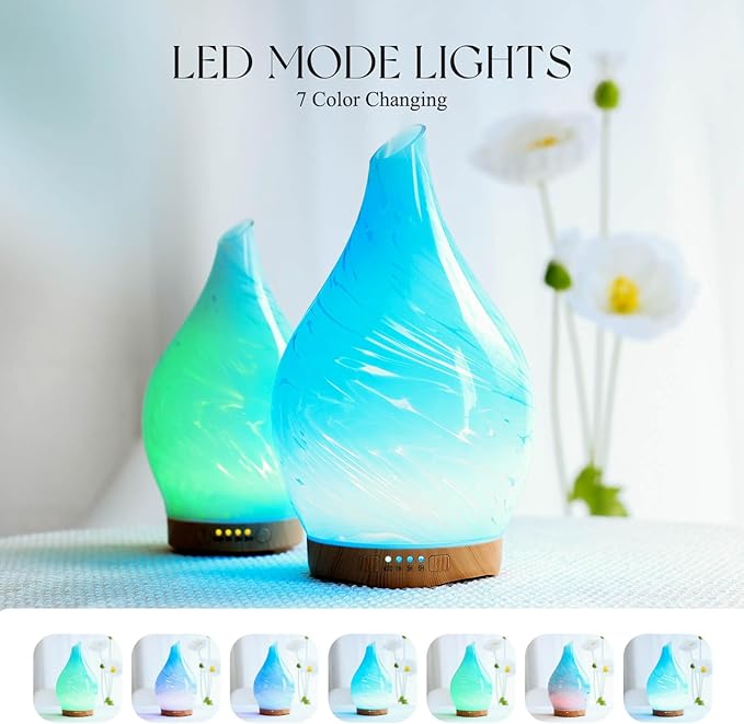 Porseme 280ml Essential Oil Diffuser Glass Color Changing Aroma Air Diffusers Aromatherapy Ultrasonic Cool Mist Humidifier 7 Running Hours Waterless Auto-off for Sleeping, Yoga, Office, Spa(Blue Wave) - Image 2